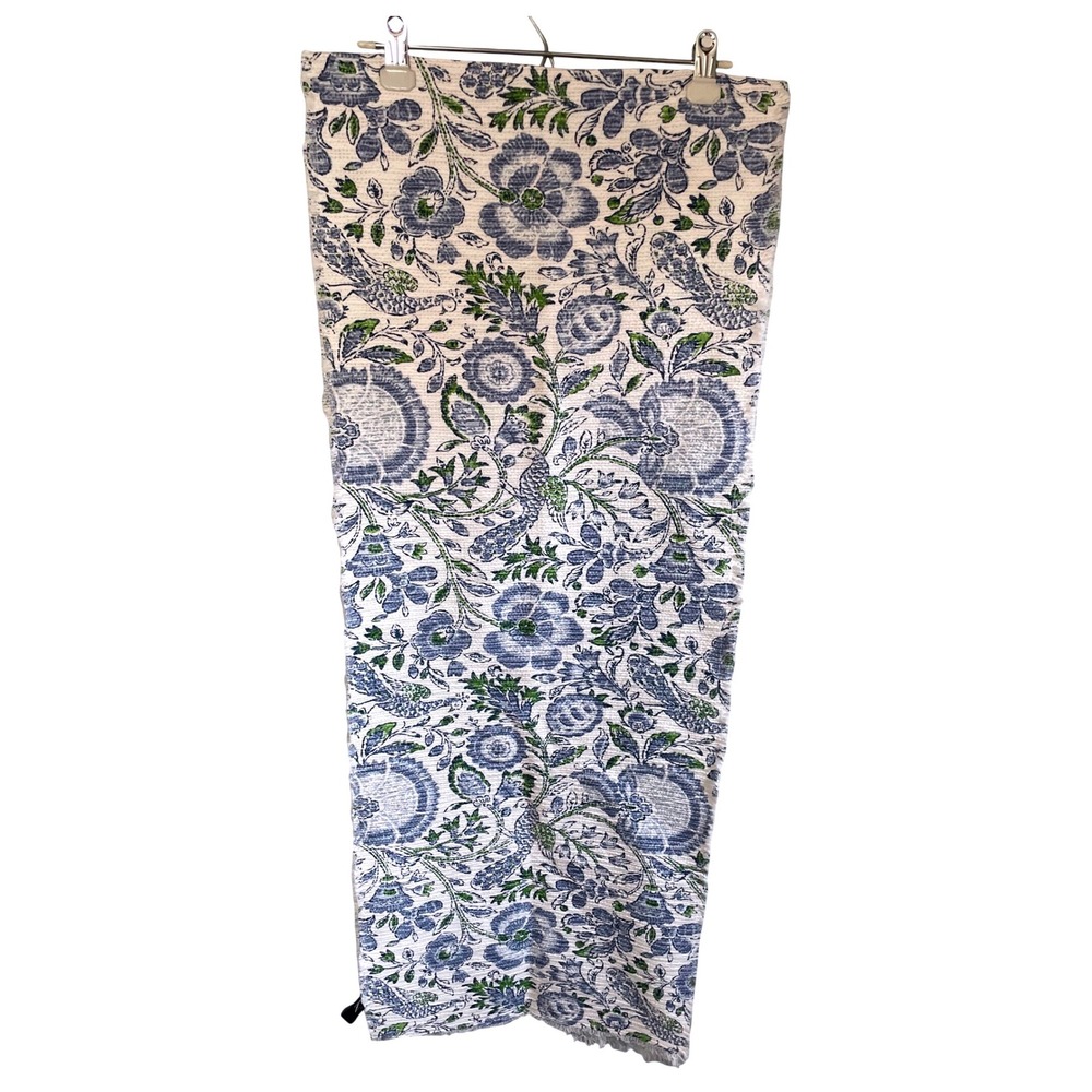 Rachel Zoe Blue Green Floral Block Print Cotton Table Runner 17x88 Frayed Edge